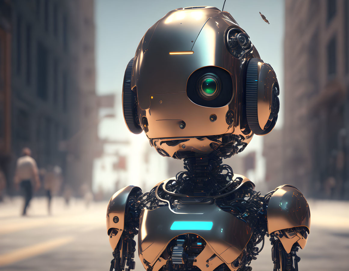 Futuristic robot with spherical head and large eye in urban setting with butterfly