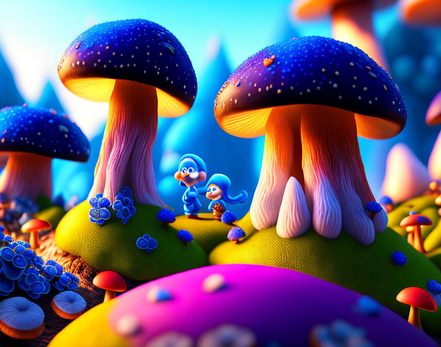 Whimsical digital art of vibrant mushrooms and blue creatures in a colorful landscape