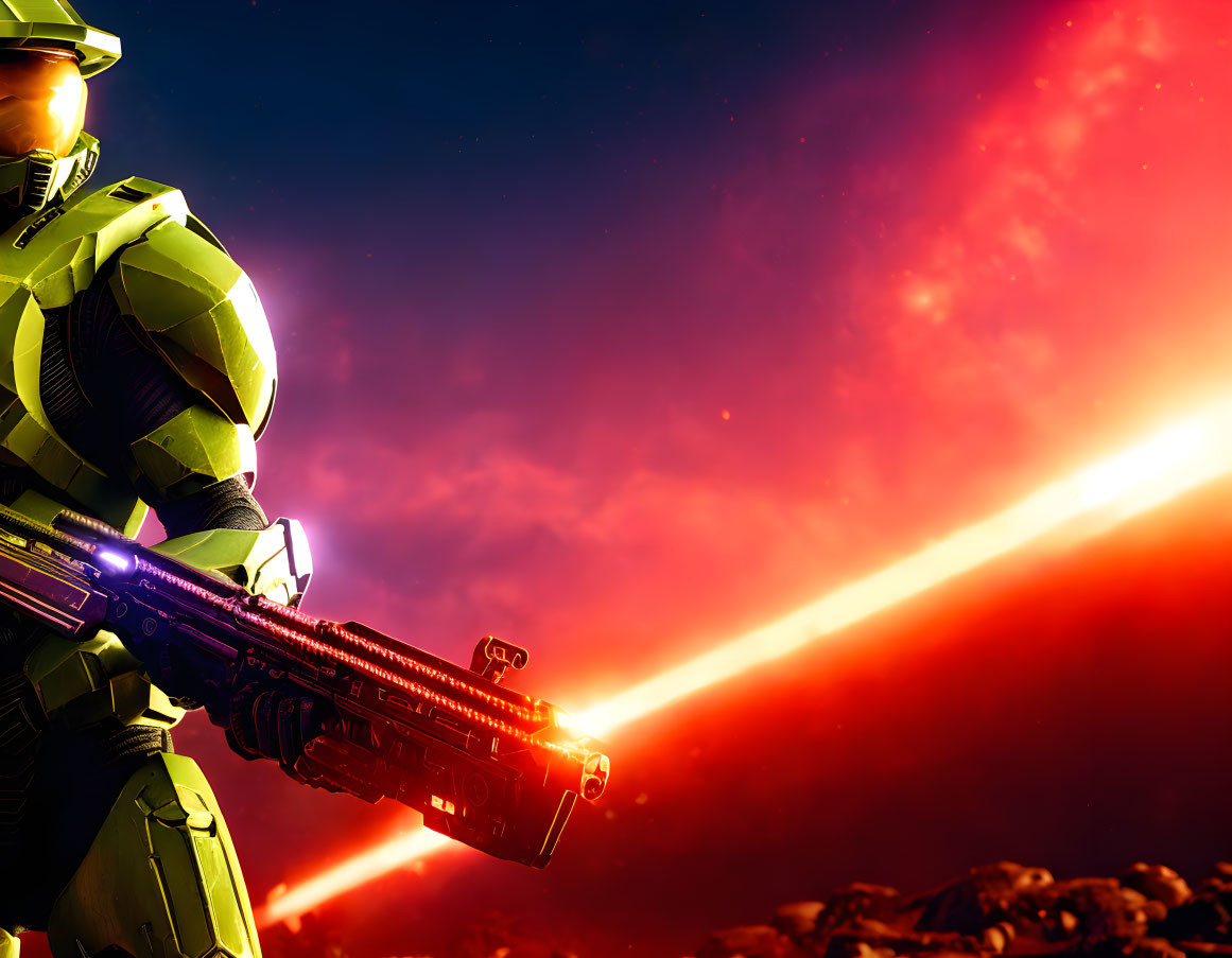 Futuristic armored soldier with rifle in cosmic sky scene