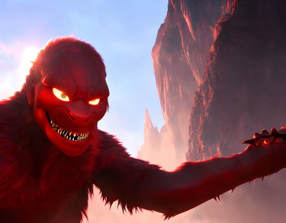 Red animated ape with glowing eyes in fiery landscape.