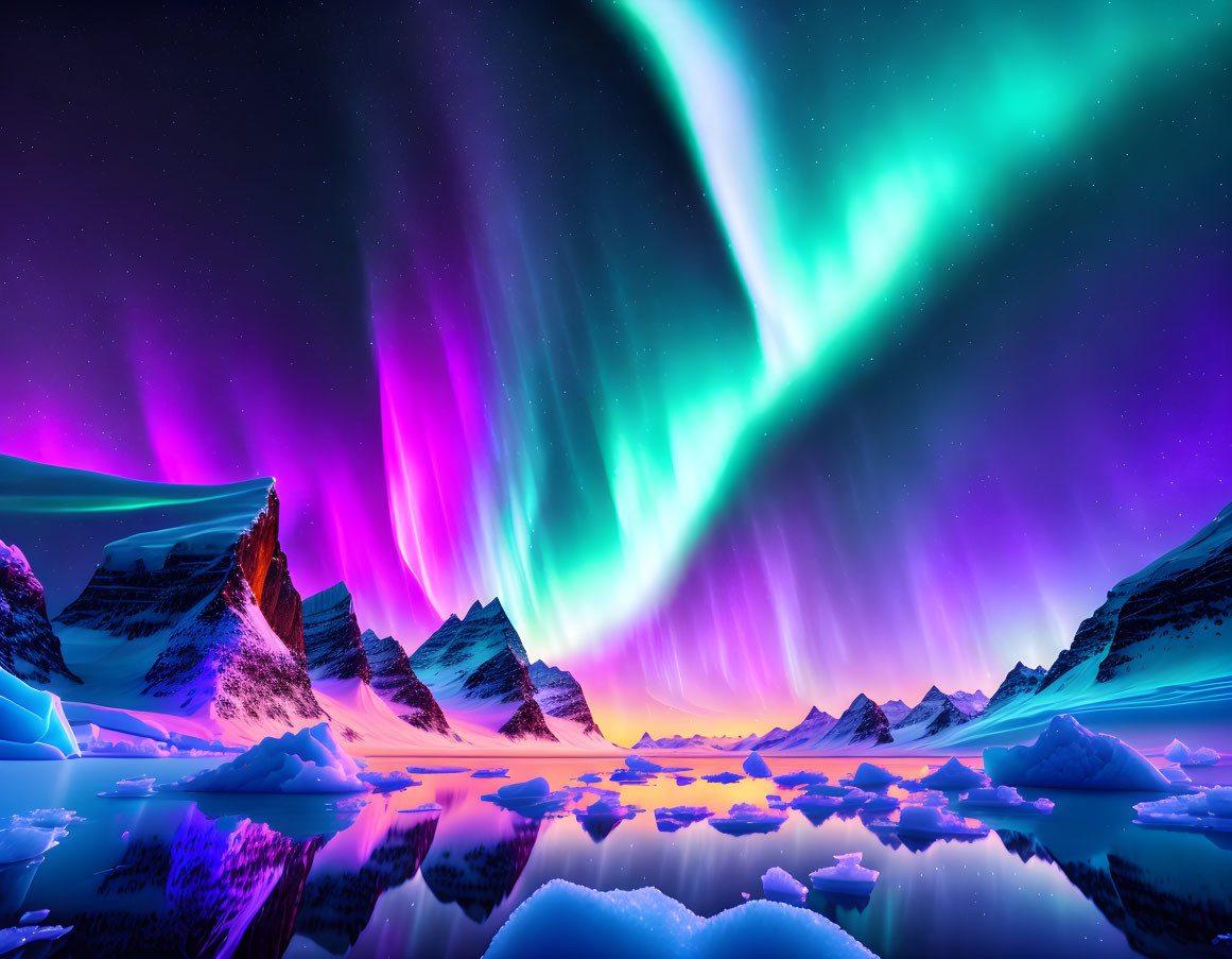 Stunning green and pink aurora borealis over snowy mountains