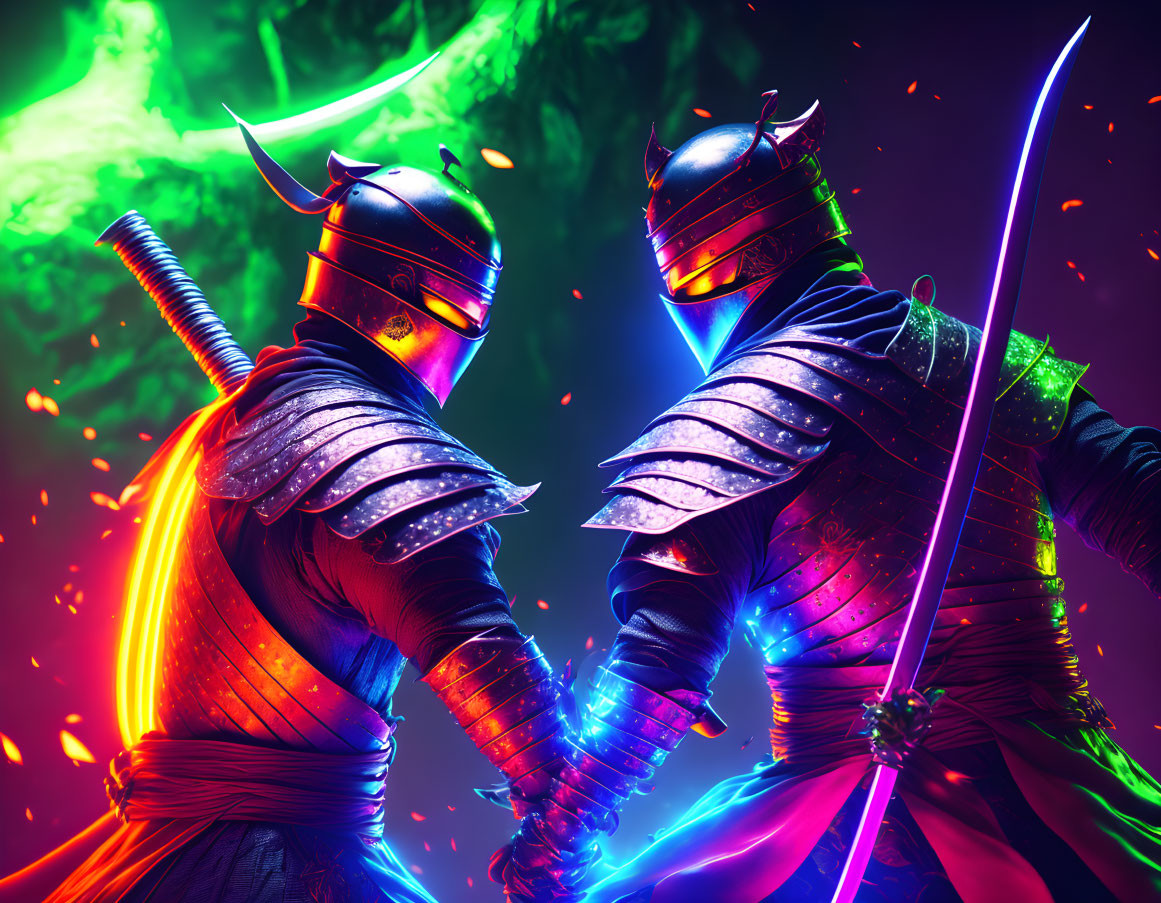 Samurai warriors clash swords in neon-lit scene