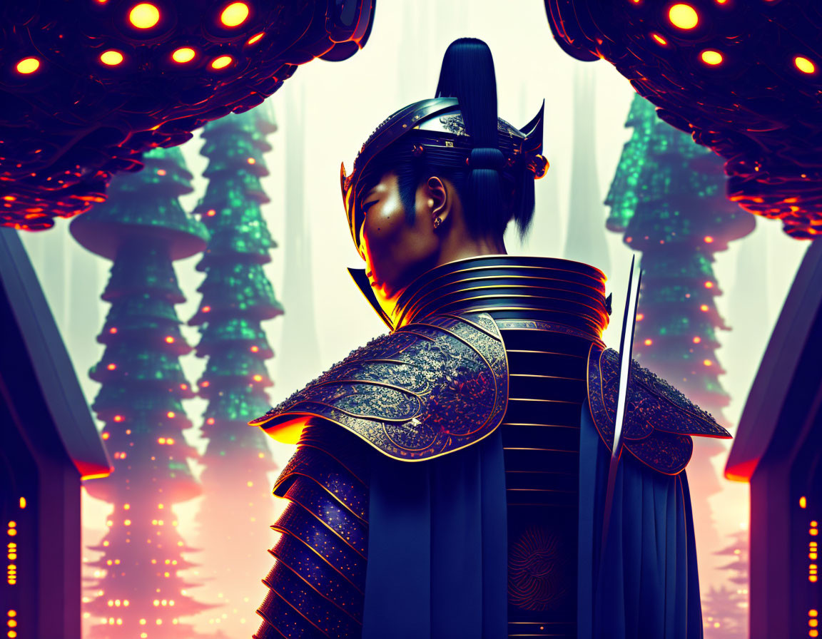 Digital illustration: Samurai in ornate armor overlooking futuristic cityscape