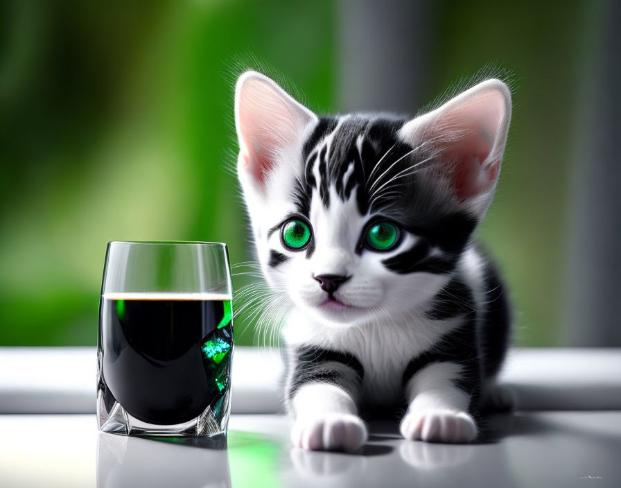 Black and White Kitten with Green Eyes Next to Glass on Reflective Surface