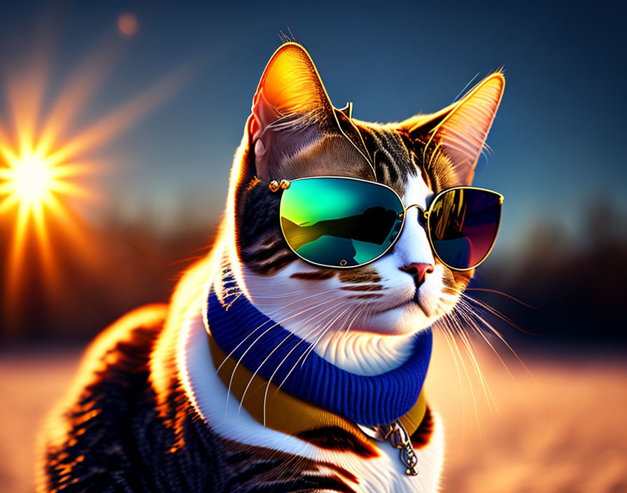 Cat in Sunglasses and Blue Turtleneck Collar Against Sunset