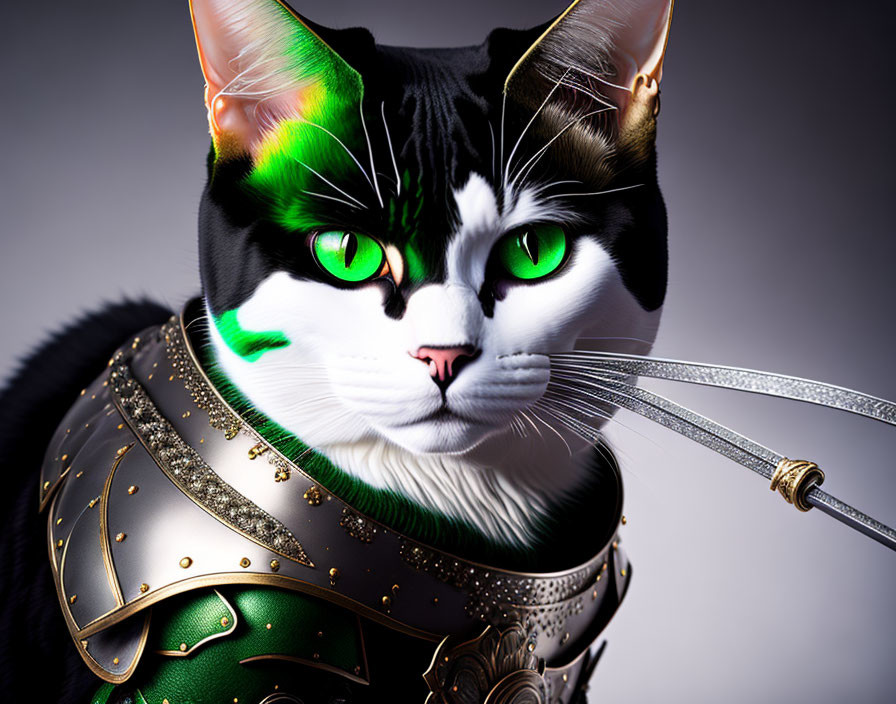 Digital artwork of a black and white cat in green armor with a sword