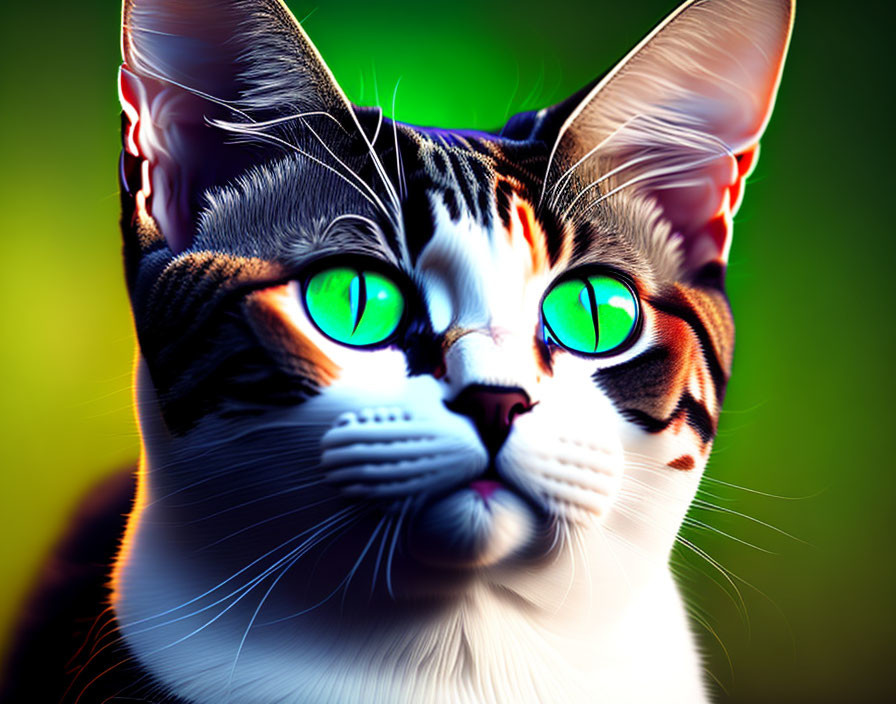 Colorful Close-Up of Cat with Green Eyes and Unique Fur Patterns