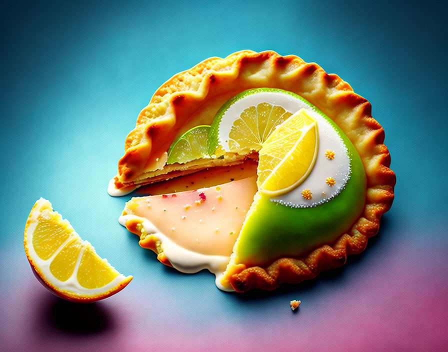 Pie with Citrus Slices and Creamy Filling on Gradient Background