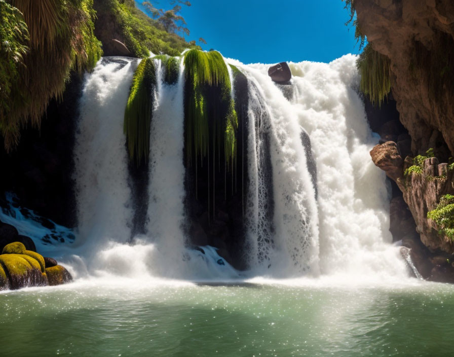 Serene pool with lush waterfall and greenery