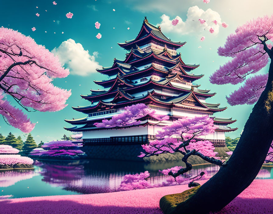 Japanese Castle Surrounded by Cherry Blossoms and Pond