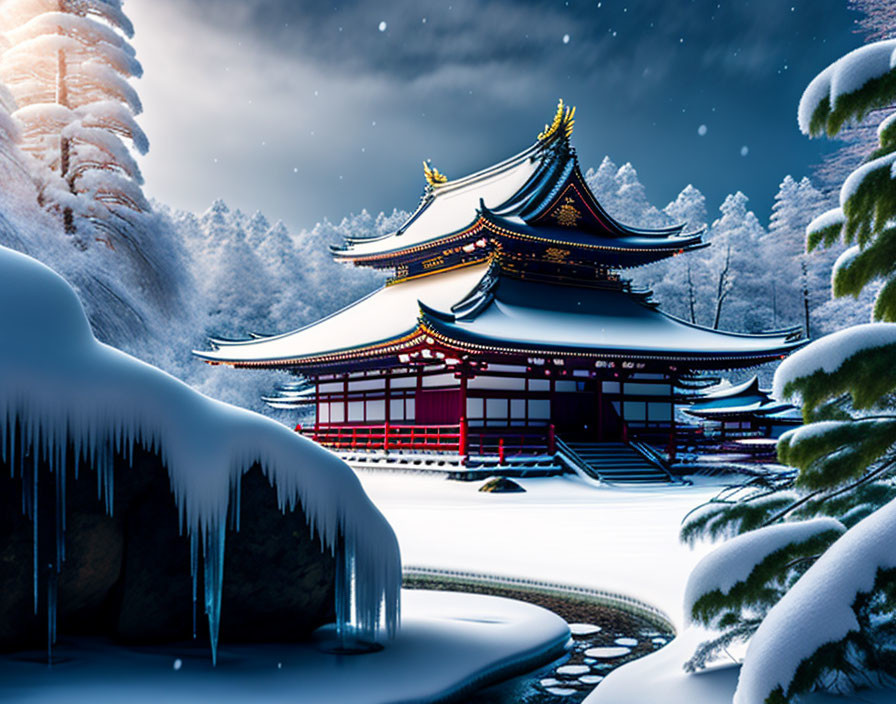 Japanese Temple in Snowy Landscape with Pine Trees and Starry Sky