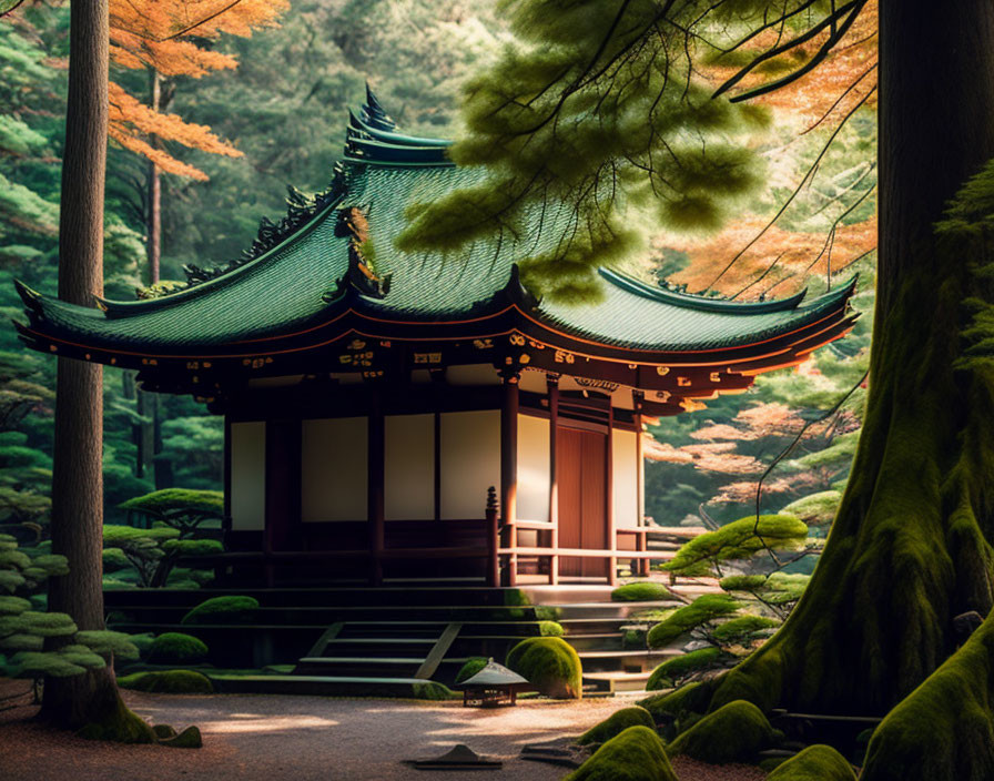 Serene forest setting with moss-covered trees and traditional Japanese pavilion