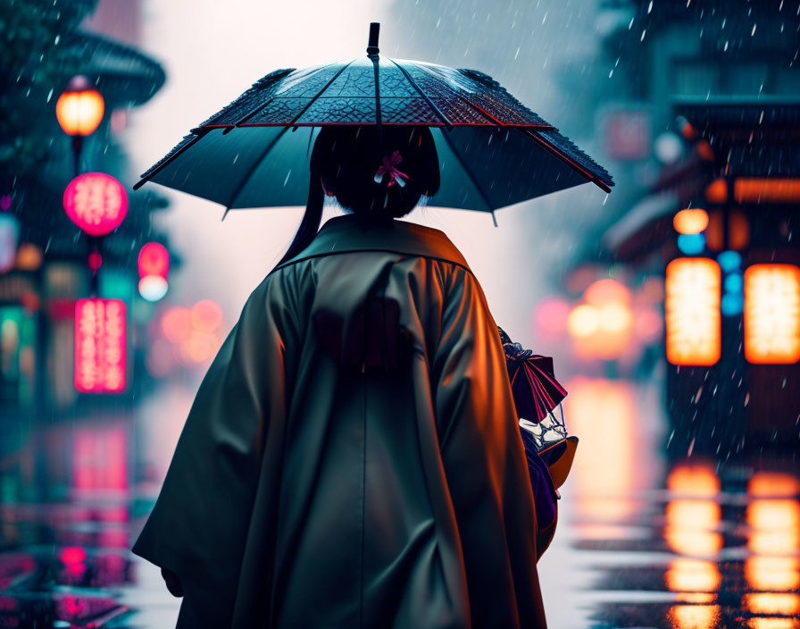 Traditional attire person with umbrella in neon-lit rainy evening