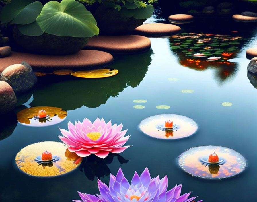 Tranquil pond with pink and orange lotus flowers, lily pads, and rocks