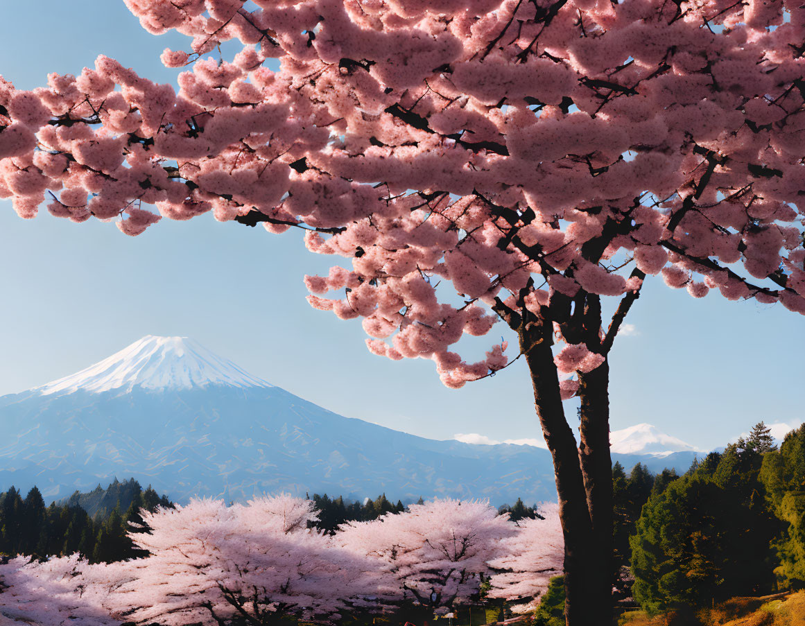 Pink Cherry Blossoms and Mount Fuji Landscape in Full Bloom