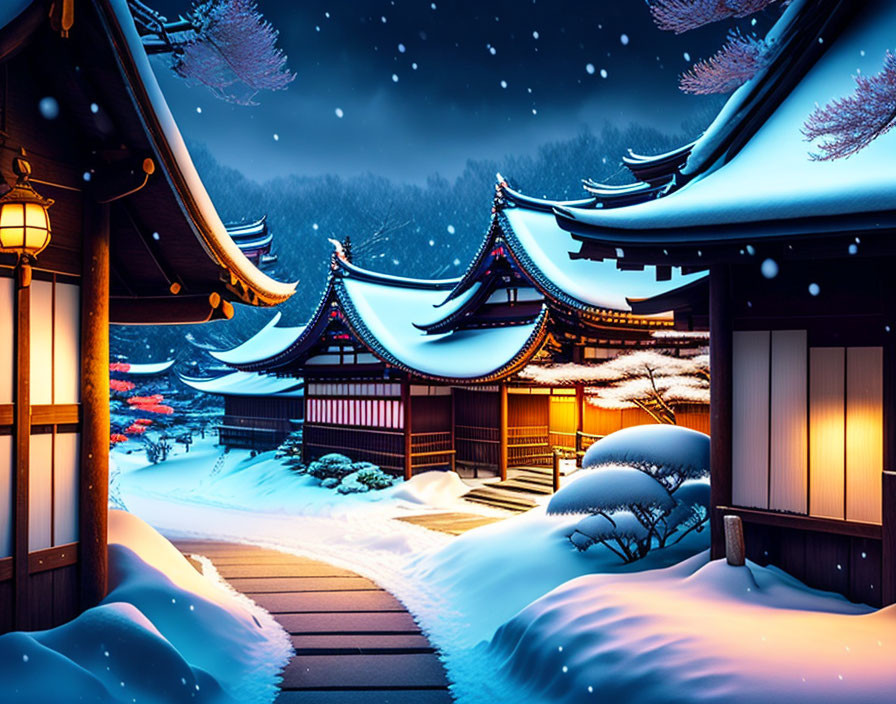 Traditional Japanese Temple in Snowy Night with Curved Roofs and Lantern