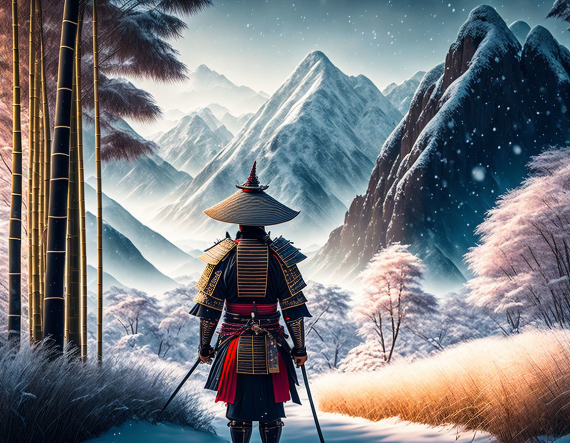 Samurai in traditional armor amidst snowy mountains and cherry blossoms