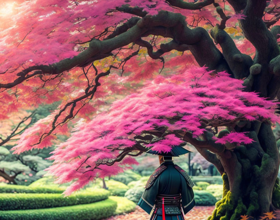 Person in Traditional Japanese Attire Admiring Cherry Blossoms in Serene Garden