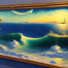 Ocean scene painting with waves transitioning to a framed ship, island, and distant structure