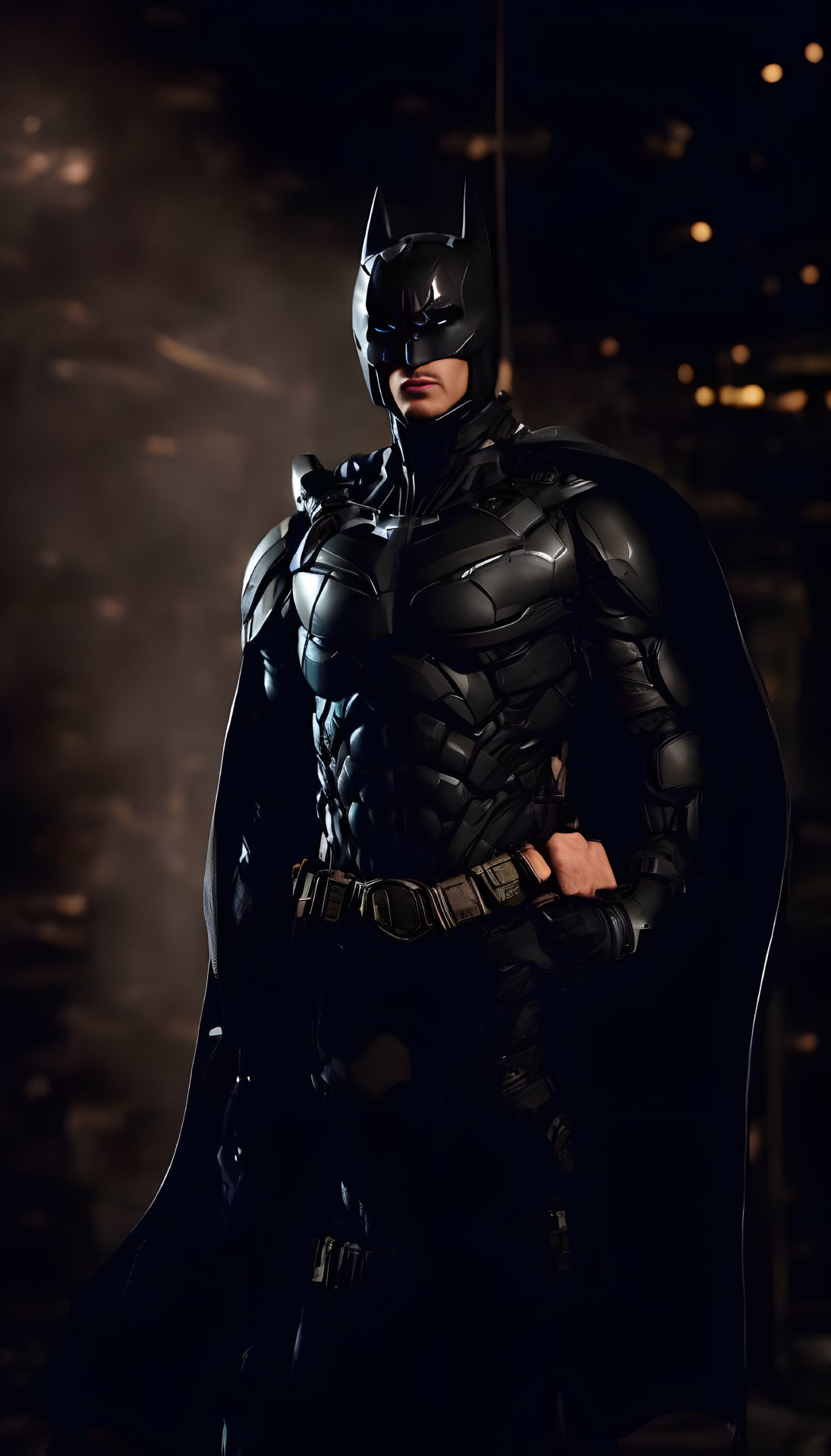 Detailed Batman costume with black mask, armor suit, utility belt, and cape.