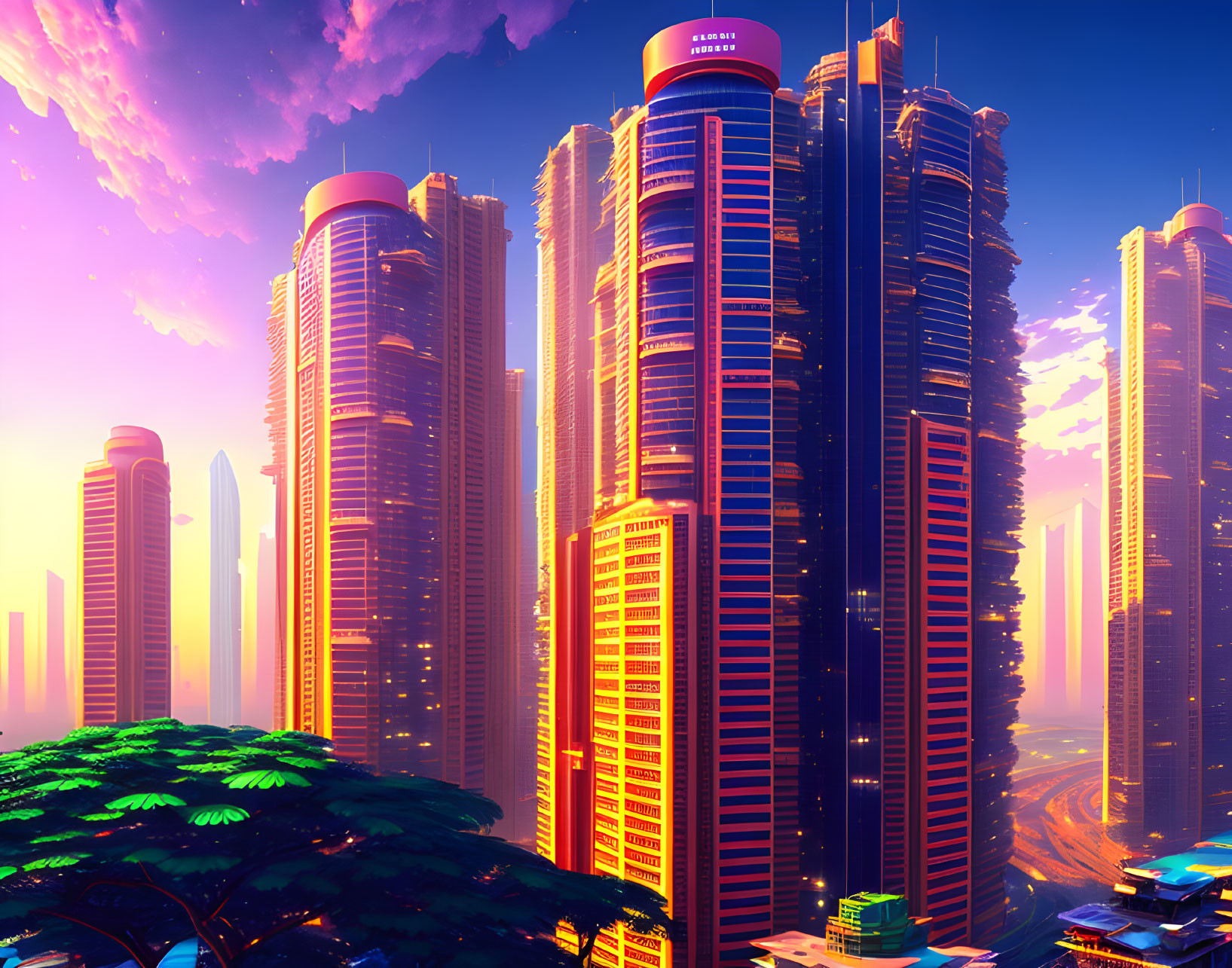 Futuristic cityscape with towering skyscrapers in sunset hues