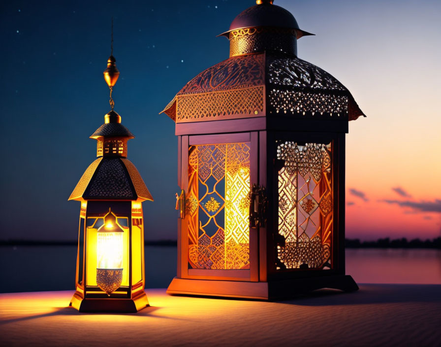 Ornate lanterns with intricate metal designs casting warm glow against twilight water horizon