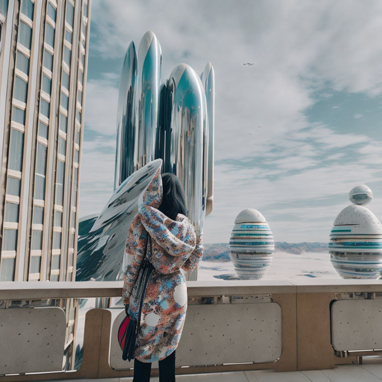 Patterned Jacket Person Observes Futuristic Balcony Scene