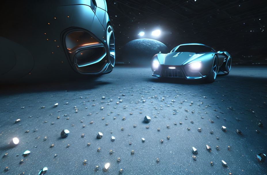 Futuristic cars with glowing lights on textured surface under starry sky