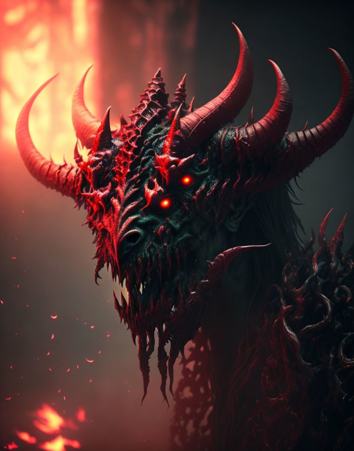 Menacing creature with sharp horns and glowing red eyes on fiery backdrop