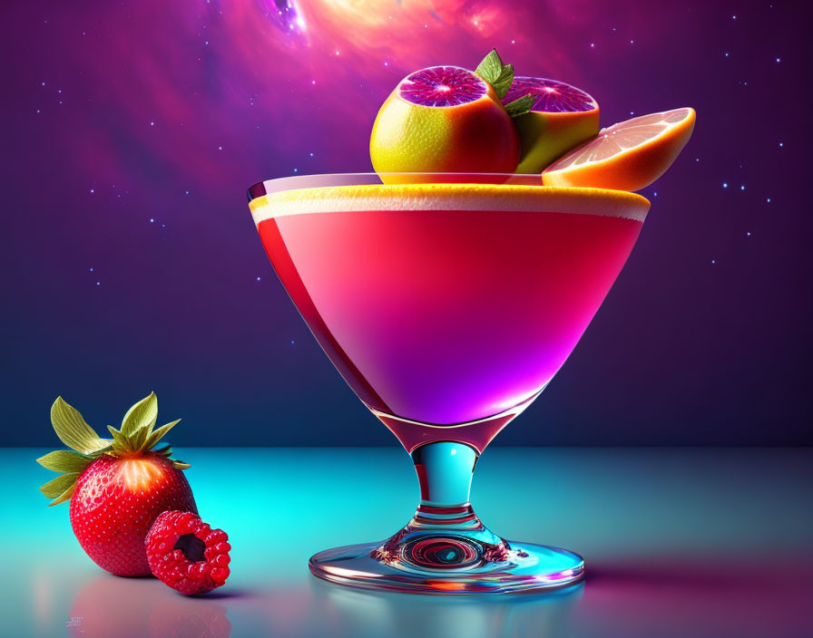 Vibrant cocktail with citrus fruits and berries on neon background