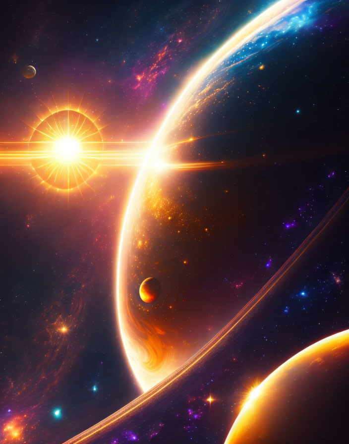 Colorful Space Scene with Sun, Planets, and Nebulas