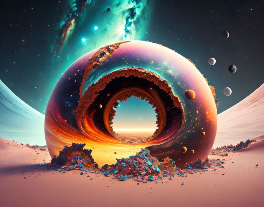 Surreal landscape with toroidal structure and celestial vista