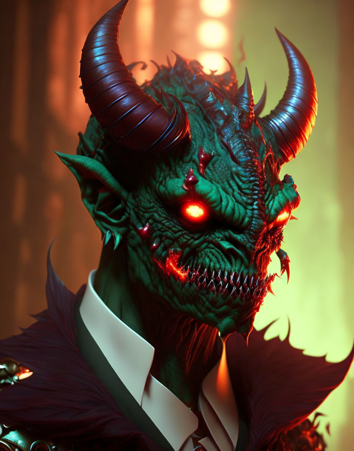 Sinister green-skinned demon in suit with sharp horns and red eyes