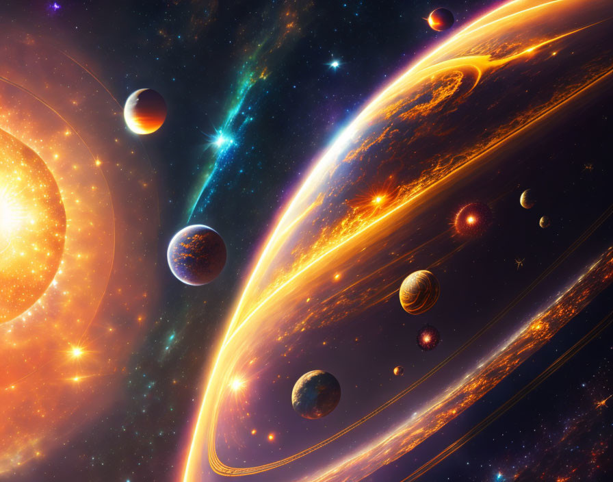 Colorful digital artwork: imagined solar system with glowing sun and planets in alignment