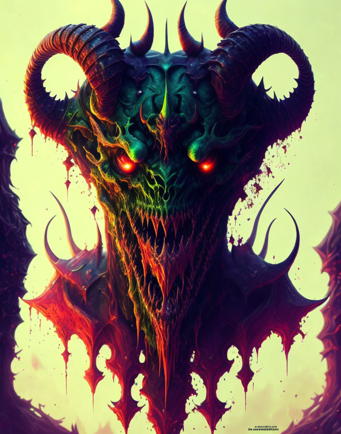 Digital artwork: Vibrant demonic creature with curved horns and glowing red eyes in mystical setting