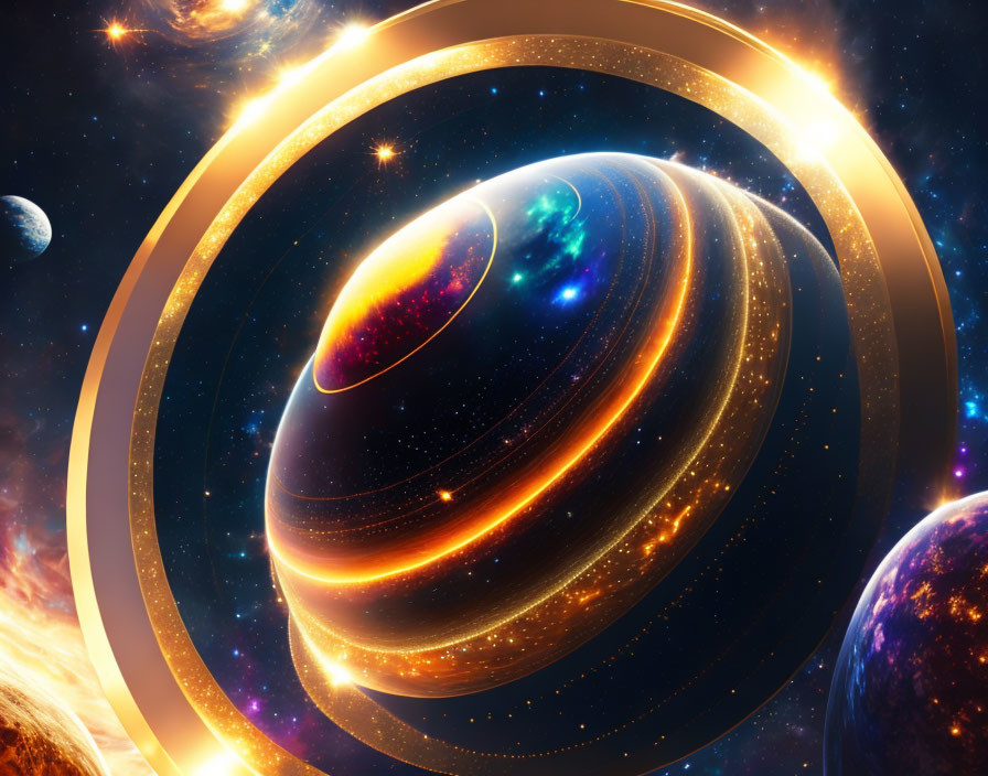 Celestial digital artwork with ringed planet, stars, and nebula