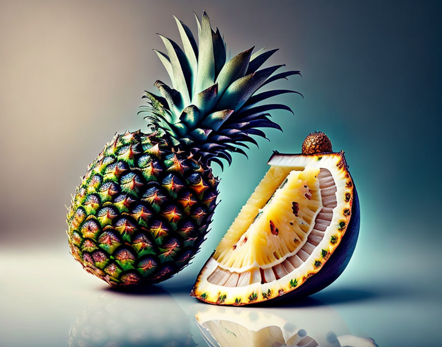 Fresh Whole Pineapple and Cross-Section Slice on Gradient Background