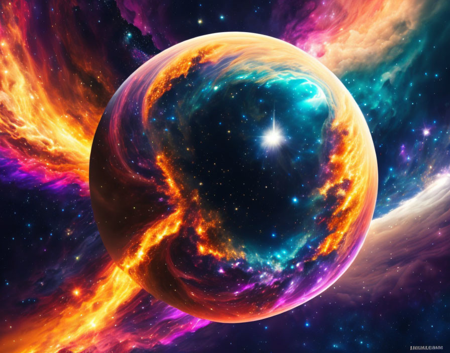 Colorful Space Scene with Glowing Planet and Nebulas