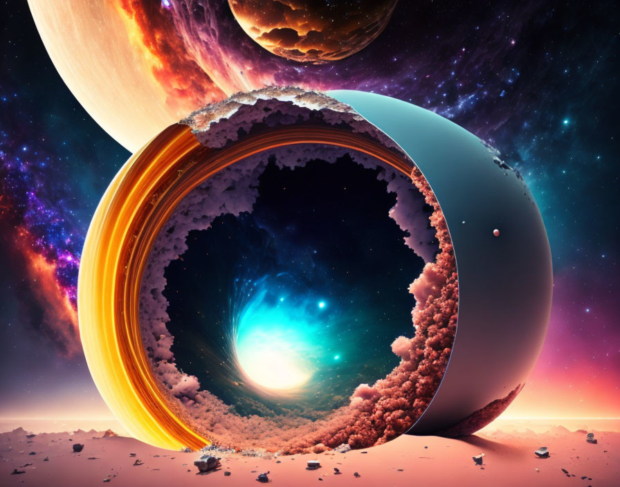 Colorful cosmic landscape with hollow planet structure and starry tunnel.