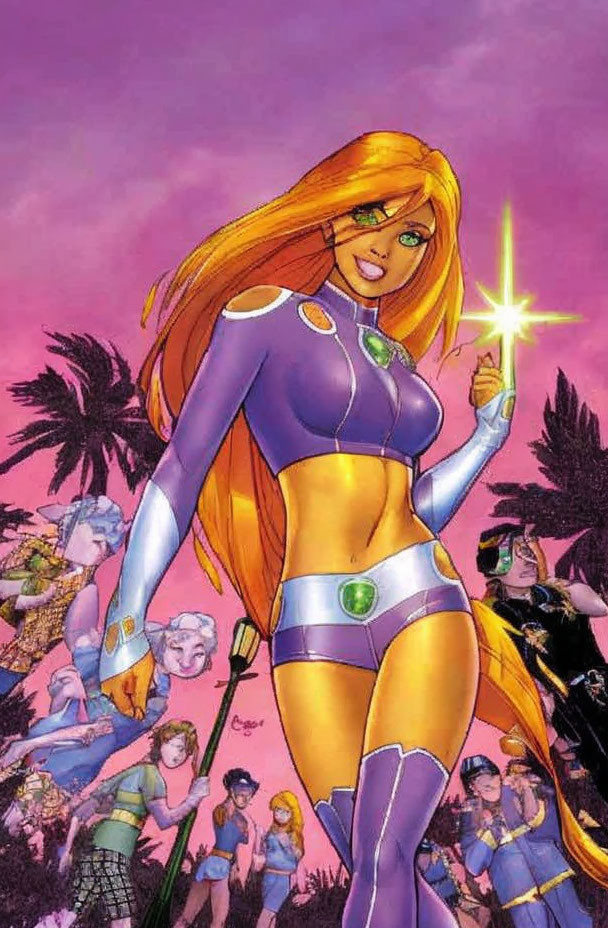 Red-Haired Superheroine in Yellow and Purple Outfit with Star in Pink Sky