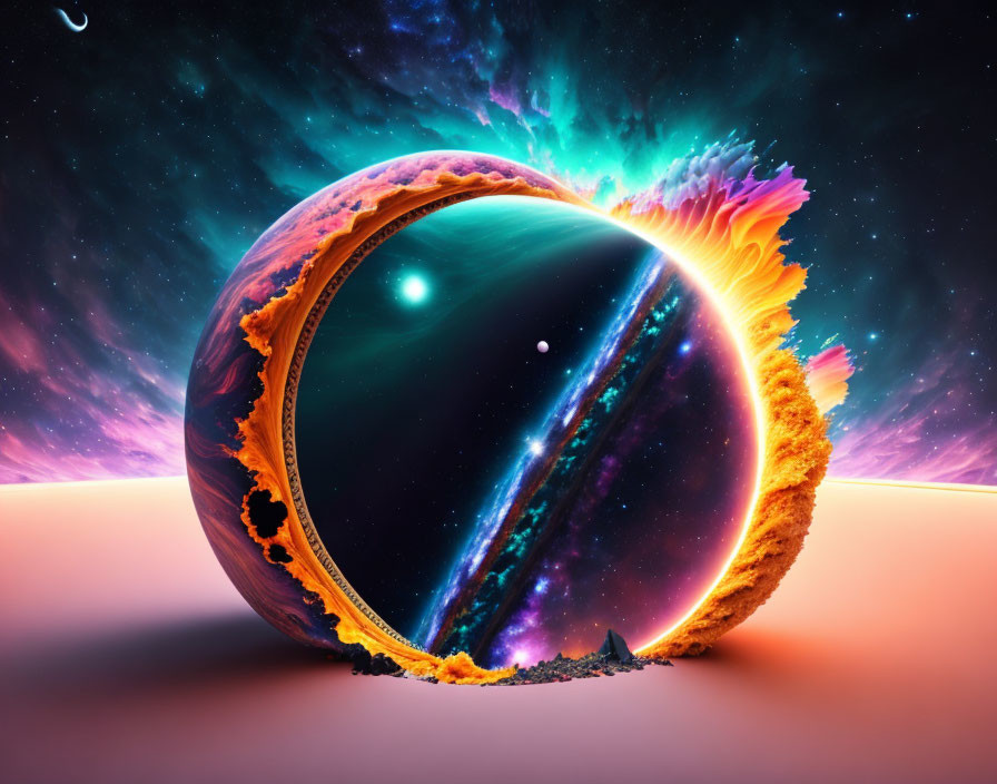 Vibrant digital artwork: spherical cosmic portal to nebula-filled outer space