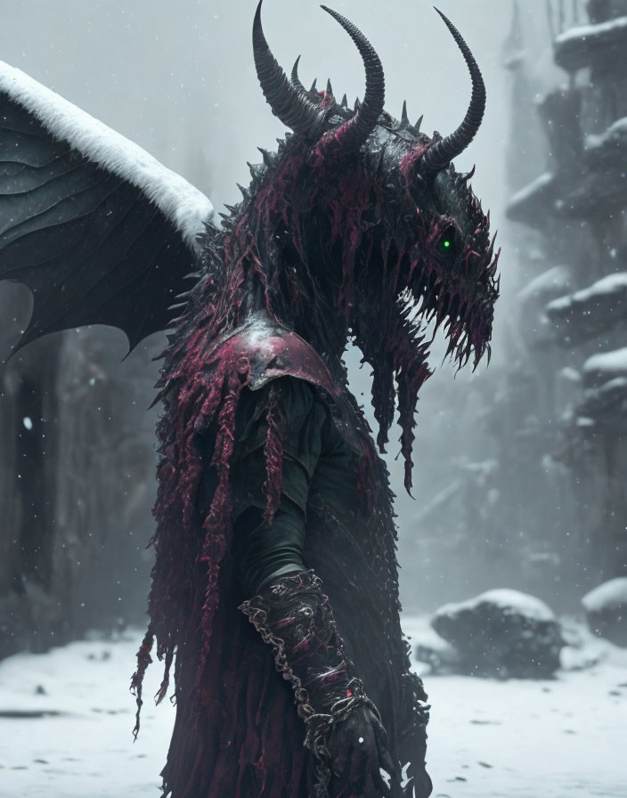 Sinister dragon-like creature with black horns and green eyes in snowy landscape