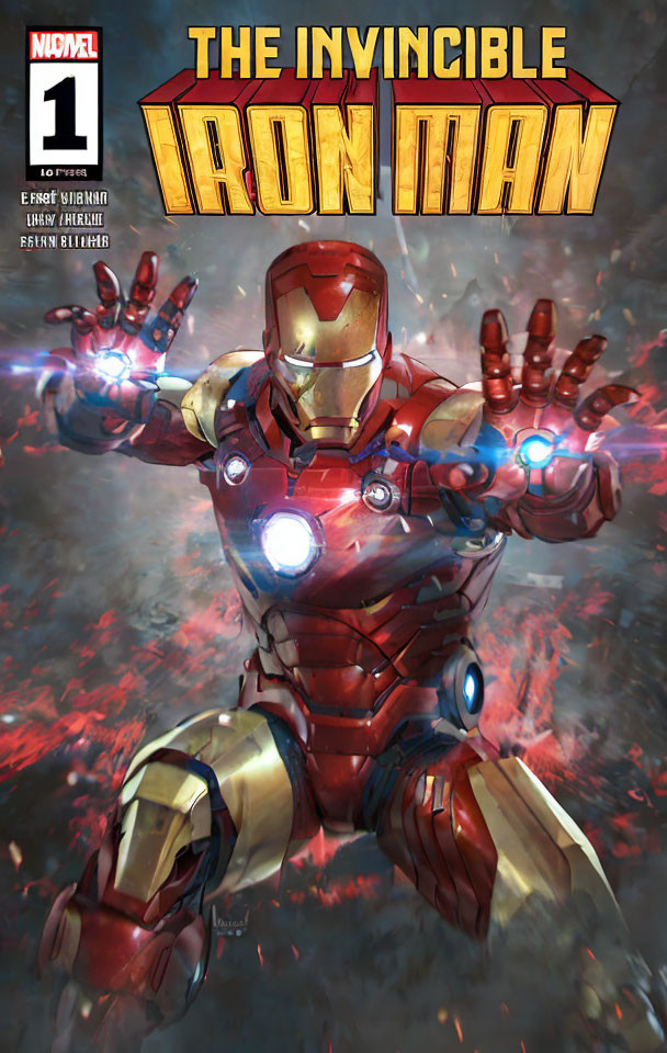 Dynamic Iron Man Comic Book Cover with Repulsor Beams and Detailed Armor Design