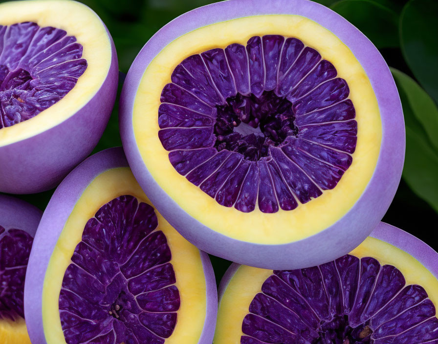 Vibrant purple star apple fruit slice with yellow ring and purple skin