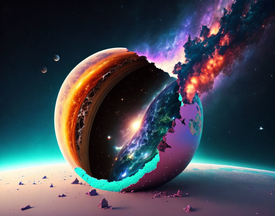 Surreal digital art: Planet split open, cosmic interior, starry space backdrop