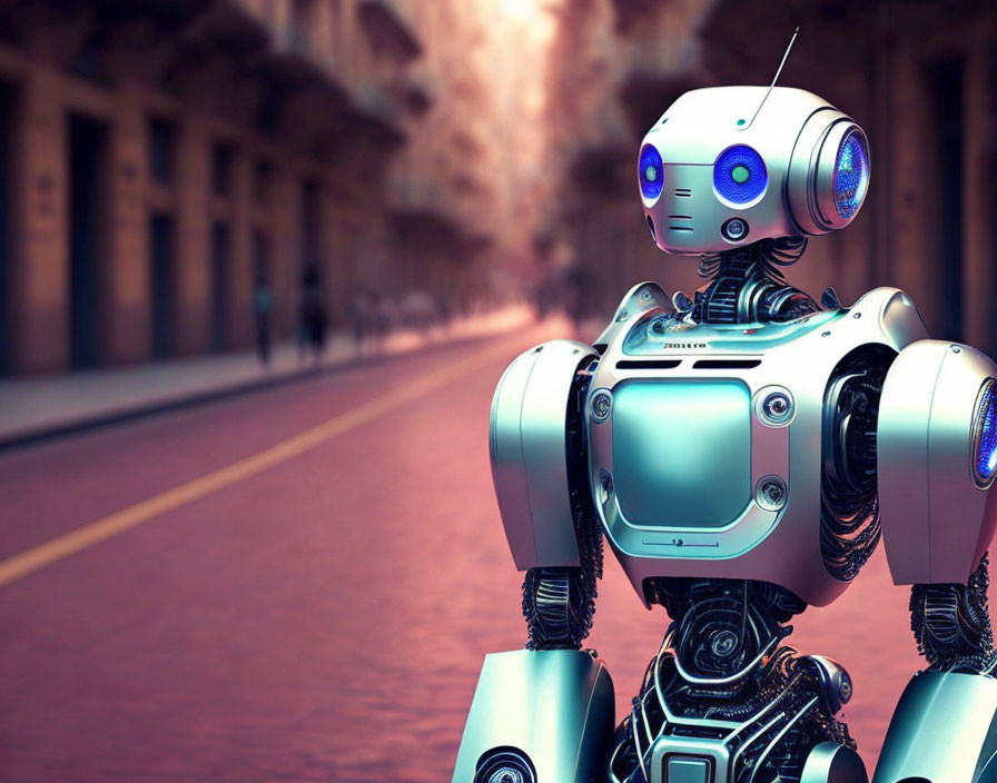 Futuristic robot with blue eyes on city street with blurred urban background