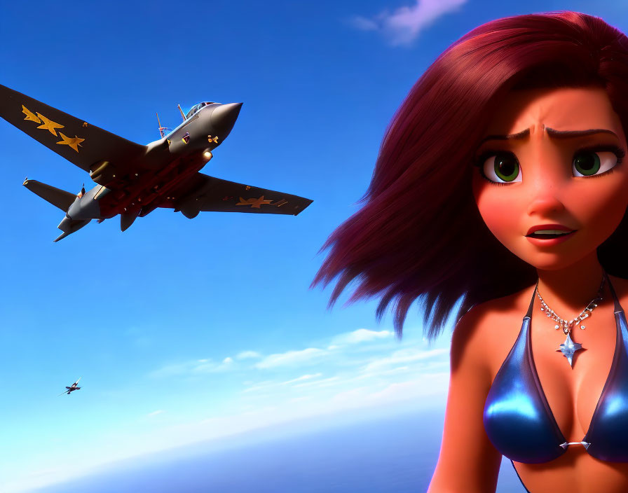 Purple-haired animated female character reacts to fighter jets in clear blue sky