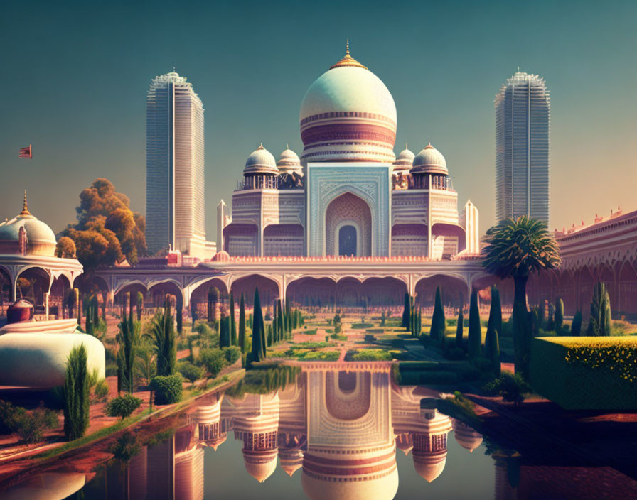 Futuristic Taj Mahal with modern skyscrapers and garden oasis