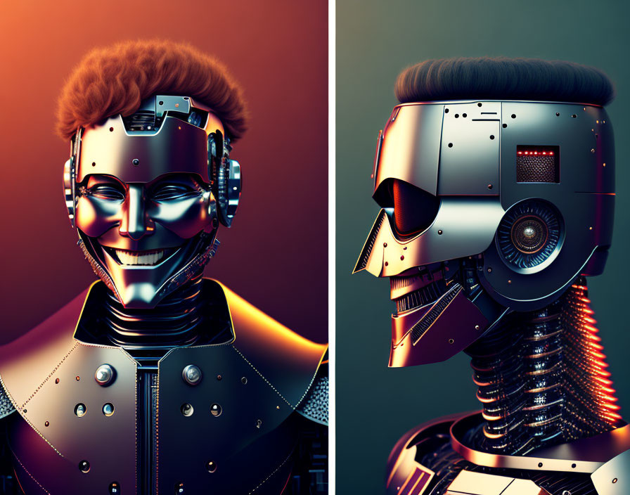 Futuristic robot with human-like face in warm tones