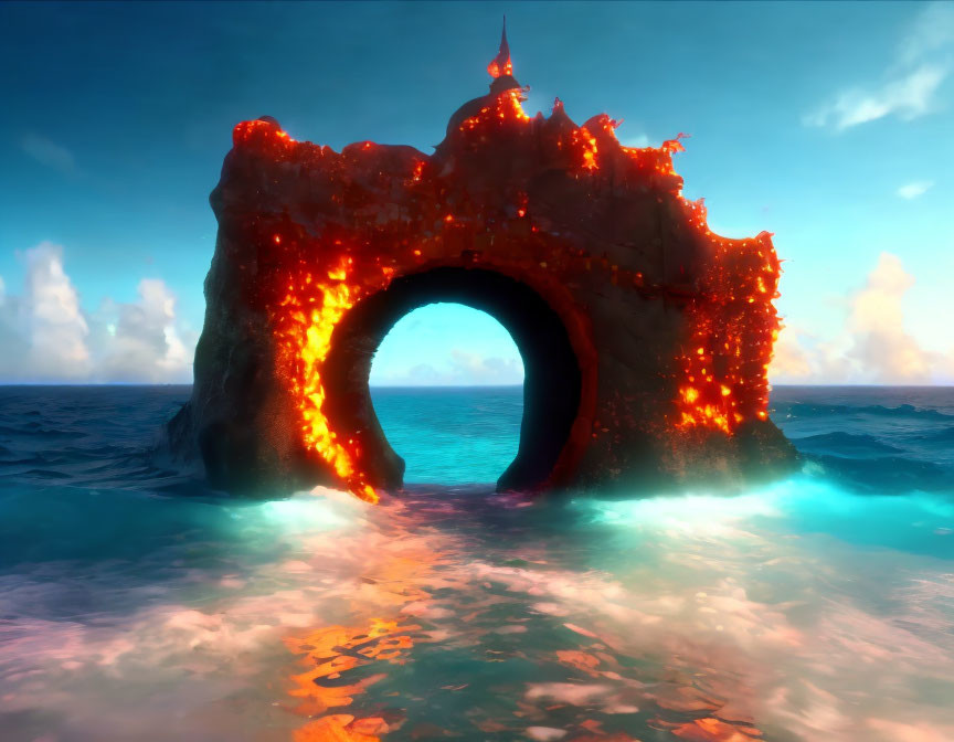 Molten lava arch with circular opening in ocean at sunset